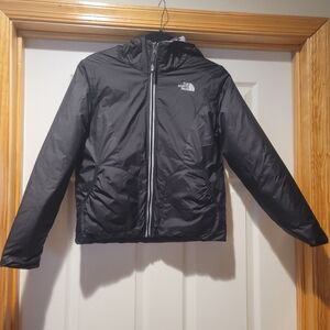 Youth black and white pattern/ black reversible hooded puffer coat size L 14/16